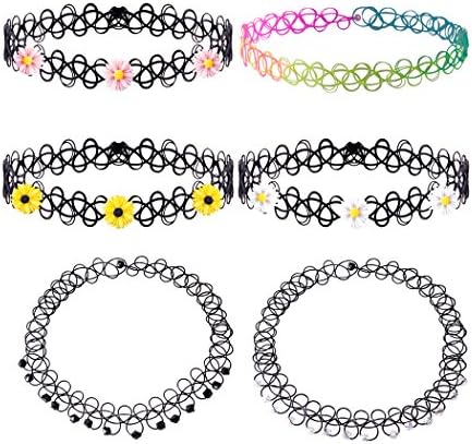 NAWAY 1-6PCS Stretch Plastic Rainbow White Black Yellow Pink Flowers Beaded Gothic Tattoo Punk Henna Choker Necklaces for Women Teen Girls Party Holiday Daily Dressing (6 pcs)