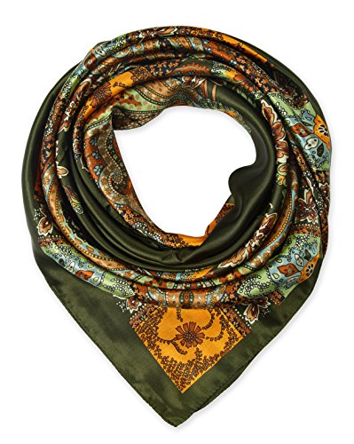 corciova 100% Polyester Silk Feeling 35" Kerchief Neck Scarf for Women Totem Olive