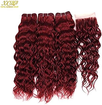 XCCOCO Hair 4 Bundles #99j Burgandy Water Wave with 4X4 Lace Closure Peruvian Virgin Wine Red Wet and Wavy Human Hair Weave Bundles with Free Part Top Closure(10 12 14 16+10inch Closure)