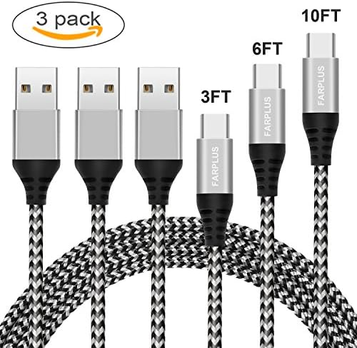 USB Type C Cable,3 Pack (3 6 10FT) Farplus USB C Cable Fast Charger Nylon Braided Cord for Samsung Galaxy S8 S8 Plus,LG G6 G5 V20,Google Nexus 5X/6P,Nintendo Switch,MacBook and More