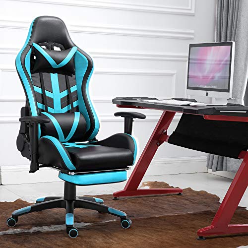 Samincom High Back Large Size PU Leather Gaming Chair Racing Style Chair Office Chair Executive and Ergonomic Style Swivel Chair with Extra Soft Headrest & Lumbar Cushion & Footrest (Black/Lake Blue)