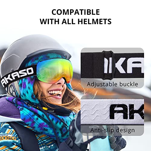 AKASO OTG Ski Goggles, Snowboard Goggles, Mag-Pro Magnetic Interchangeable Lenses, Anti-Fog, 100% UV Protection, Helmet Compatible, Snow Goggles for Men & Women