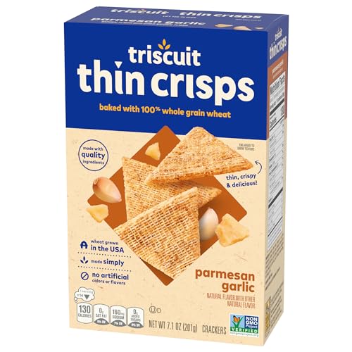 TRISCUIT THIN CRISPS PARMESAN GARLIC WHOLE GRAIN WHEAT CRACKERS, LUNCH SNACKS, SNACK CRACKERS, 7.1 OZ