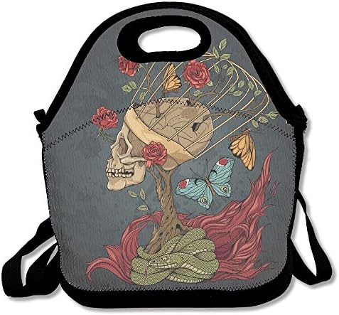 Marvin Conrad Evil Mexican Sugar Skeleton With Kitsch Bush Of Roses Snake And Butterfly Artwork Lunch Bag Tote For School Work Outdoor