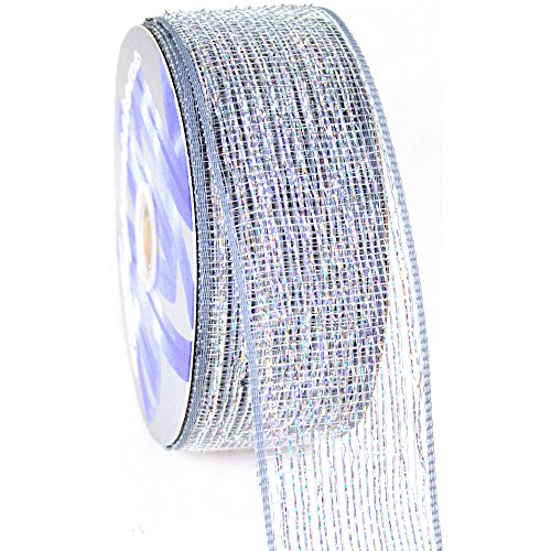 2.5" Wide Poly Deco Mesh Wired Ribbon Standard Foil Metallic Platinum Solid 25 Yards Perfect For Making Bows, Accentings Wreaths & Wrapping Floral Arrangements / Gifts Waterproof, Durable & Reusable