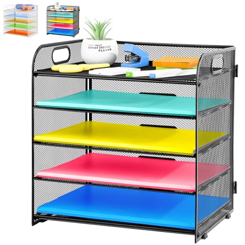 KIROGILY Bandeja Organizadora Papel de 5 Niveles con asa, Organizador Archivos Escritorio de Malla, Organizador Clasificador Papel para Suministros Escolares Oficina