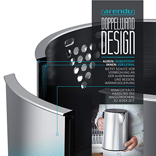 Arendo - Edelstahl Wasserkocher mit Temperatureinstellung 40-100 Grad in 5er Schritten - Doppelwand Design - Modell ELEGANT - 1,5 Liter - 2200 W - Teekocher mit Temperaturanzeige - Silber glänzend – Bild 5