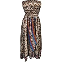 Mogul Womens Bohemian 2 In 1 Strapless Dress Maxi Skirts Gypsy Recycled Printed Vintage Sari Two Layer (Grey, Brown)