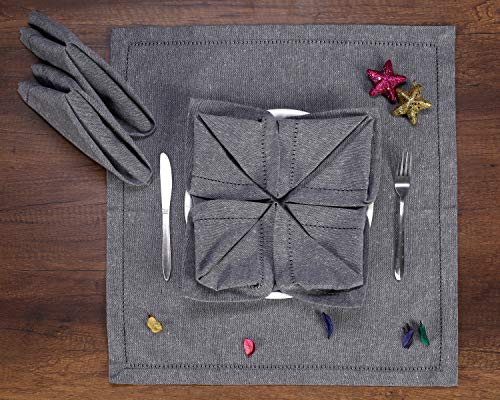 Ramanta Home 12-Pack 100% Hemstitched Cotton Dinner Napkin Oversized 20x20 - Chambray Cloth Napkin Soft Absorbent Comfortable for Events and Daily Use - Charcoal