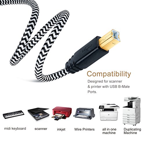 Printer Cords, Besgoods 2-Pack 10ft/3m Extra Long Braided USB 2.0 Printer Scanner Cable - USB A Male to B Male Cable Cord for printer, scanner, White