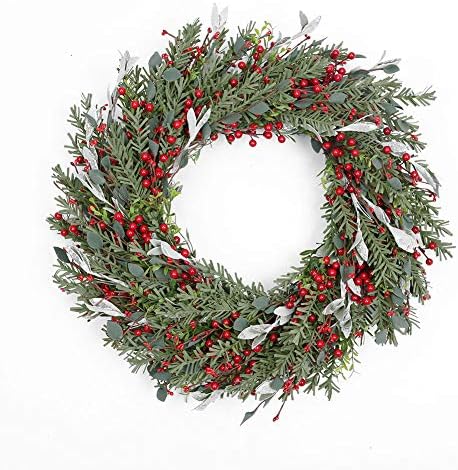Red Berry Wreath 22 inch Artificial Green Leaves Spring for Front Door Bedroom Wall Window Home Office, DIY, Wedding, Housewarming Gift, and Halloween Christmas Deco