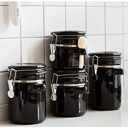 Porcelain Coffee Container Storage Canister withÂ Valve BlocksÂ and Scoop Travel Jar for Coffee Beans Ground Dry Goods Storage (Black, 30oz)