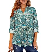 Newshows Women's Button Long Sleeve Shirts Roll Sleeve V Neck Casual Blouse Tunics Tops