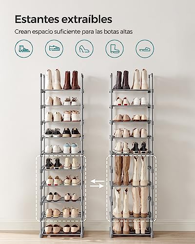 SONGMICS Zapatero de Metal de 10 Niveles, diseño Personalizable, Ahorro de Espacio y Estante versátil, para Sala de Estar, Dormitorio, 17.7 x 11.8 x 68.5 Pulgadas, Gris MLSA025G02