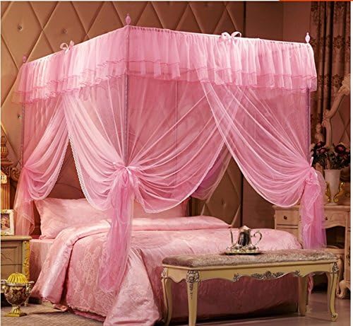 IFELES Mosquito Net Bed Canopy-Lace Luxury 4 Corner Square Princess Fly Screen, Indoor Outdoor (TWIN, PINK)