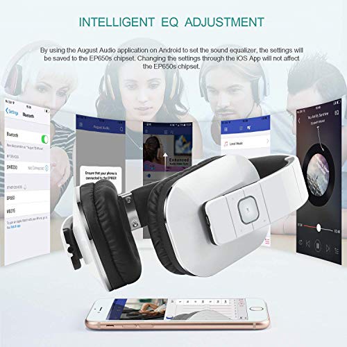 August EP650 Bluetooth Over Ear Wireless Stereo NFC 3.5mm Headphones with Rechargeable Battery, Audio In Socket, Multipoint and Built-in Microphone for Mobile Phones, iPhone, iPad, Laptops, Tablets, Smartphones - White