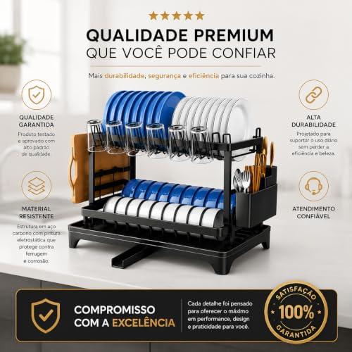Escorredor de Louça Completo em Aço Carbono Organizador Escorredor de Pratos, Suporte para Talheres, Copos, Tábuas, Facas e Bandeja de Drenagem de Água Premium