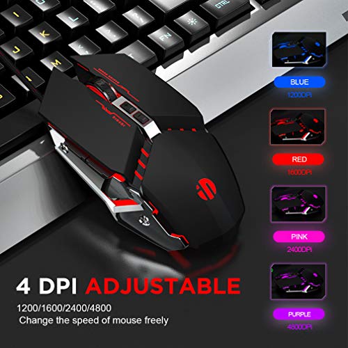 Mouse Gaming Silenzioso, Inphic 4800DPI Mouse da Gioco Ottico USB con Cavo, Regolazione 5 DPI, 6 Pulsanti Programmabili, 7 LED RGB con peso extra per i giocatori, PC Laptop Mac, Nero