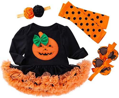Muium Baby Girl Halloween Costume Girl Halloween Pumpkin Dress Toddler Baby Girls Halloween Pumpkin Romper Dress Hairband Shoes Stocking Set