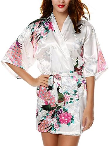 Miimo R001 Women's Kimono Robe Nightgown Short Style - Peacock &amp; Blossoms (M, White)