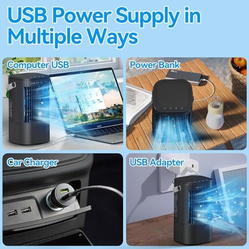 Aire Acondicionado Portátil, 4 en 1 Mini Enfriador de Airecon Tanque de Agua 1000ml luz de atmósfera de 7 colores, Mini AC Personal con temporizpara dormitorio, escritorio, casa, oficina (Negro)