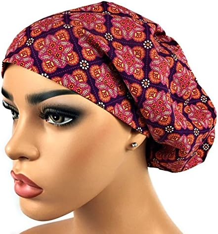 DK Scrub Hats Women’s Adjustable Bouffant Scrub Hat Ponytail Surgical Cap Maroon Geometric