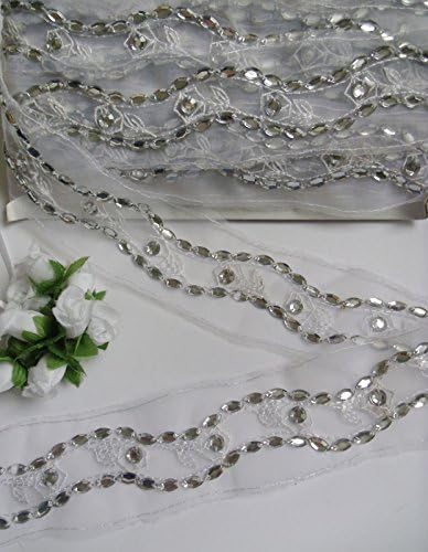 1-3/4" White Embroidered Flower Plastic Beaded Organza Trim 1 Yard