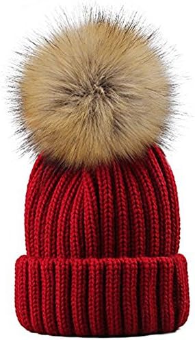 Yetagoo Kids/Adult Knitted Cozy Warm Winter Snowboarding Ski Hat With Faux Fur Pom Pom Slouchy Beanie Bobble Hat (Wine Red, Adult)