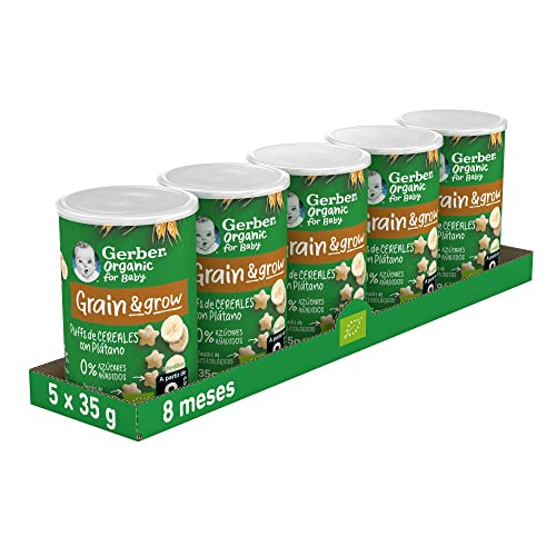 Organic Puffs Plátano, Snack de Cereales para Bebés, Lata 5x35g, a partir de 8 meses