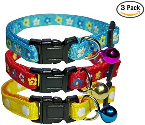Cat Collar with Bell, Set of 3, Solid Cat Collar, Made of Nylon, Colorful, for Small Dogs, By Bemix Pets (Flower)