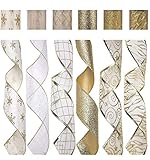 SANNO 6 Rolls Wired Decorations, Christmas Ribbon Assorted Sheer Glitter Ribbon Tulle Decorations Wired Edge Ornaments 36 Yards (2.5