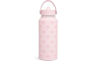 SANDJEST Pink Bow Water Bottle Stainless Steel Insulated Vacuum 32oz with Lid, Gifts for Women Girls Teens Birthday Christmas