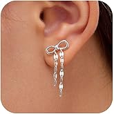 Cute Bow Earrings for Women 925 Sterling Silver Dangle Tassel Chain Earrings Teacher Earrings Hypoallergenic Bowknot Stud Earrings Wedding Bridal Jewelry Birthday Valentines Jewelry Gifts