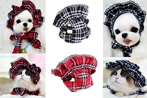 Lillypet(TM) SET - 2pcs Pet Plaid Hat with Lace for Small Dogs & Cats Party Maid Costume Headwear