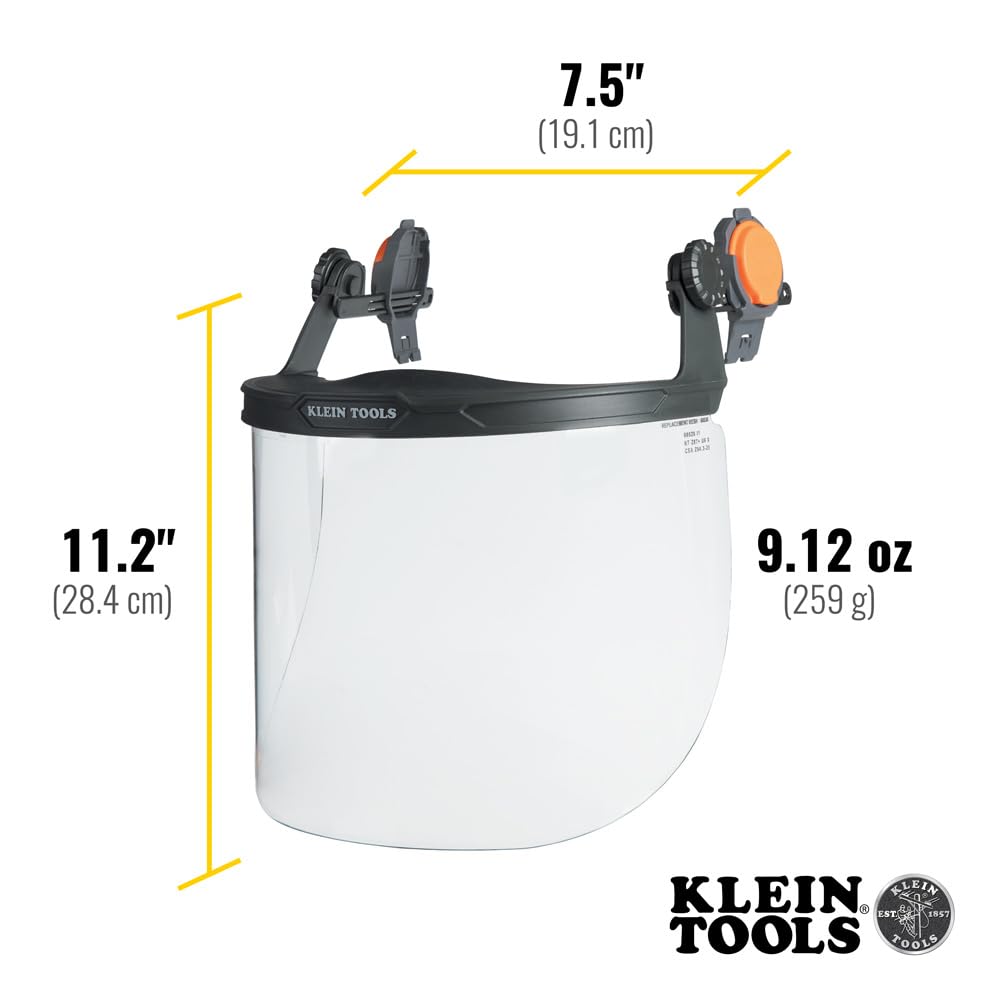 Klein Tools 60528 Full-Brim Hard Hat Face Shield, Clear, Impact-Rated, Anti-Fog, Low-Profile Design, Flip-Up, Earmuff Compatible, One Size