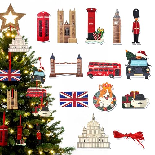 36 Pcs London Christmas Ornaments, Wooden British Christmas Ornaments England Travel Themed Souvenir Hanging Ornaments for Christmas Tree London Eye Tower Bridge Big Ben Bus Ornaments