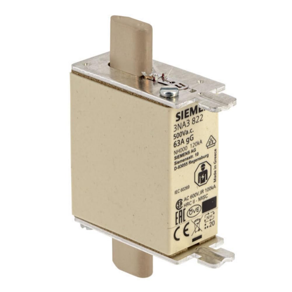 Siemens 3NA3822 LV HRC Fuse Link, NH000, in: 63 A, gG, Un AC: 500 V, Un DC: 250 V, Front Indicator, Non- Insulated Grip lugs, White