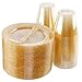 BUCLA 300PCS Gold Glitter Plastic Dessert Set-Include 100pcs Plastic Plates 6.5inch,100pcs Plastic Dessert Forks 5inch and 100 Disposable 9oz Gold Glitter Plastic Cups Perfect for Weddings& Parties