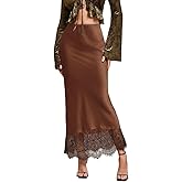 Fuimsul Women Elegant Satin Lace Hem Long Skirt Trendy Tight Elastic High Waist A Line Lace Patchwork Silk Maxi Skirt