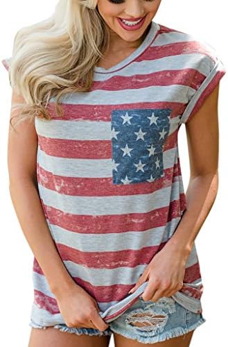 Fiaya 4th of July Women T-Shirt Star Stripes American Flag Loose O Neck Short Sleeve Plus Size Blouse TeesTank Tops (XL, Red A02)