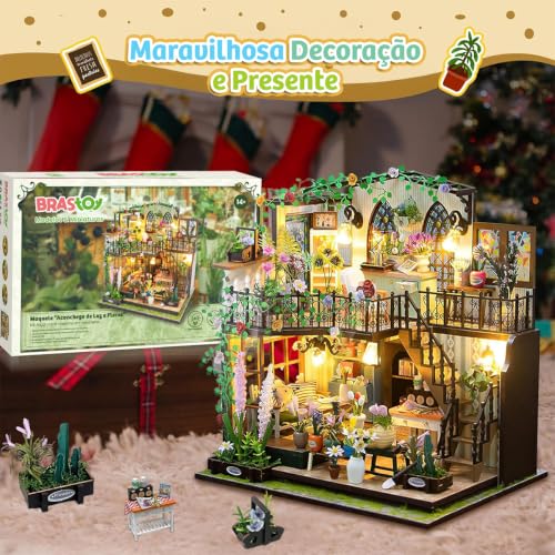 Kit DIY Casa Miniatura Jardim de Madeira Com Luz LED Modelo de Estufa Floral Brinquedo de Montagem Artesanal (Floral Casa Miniatura)