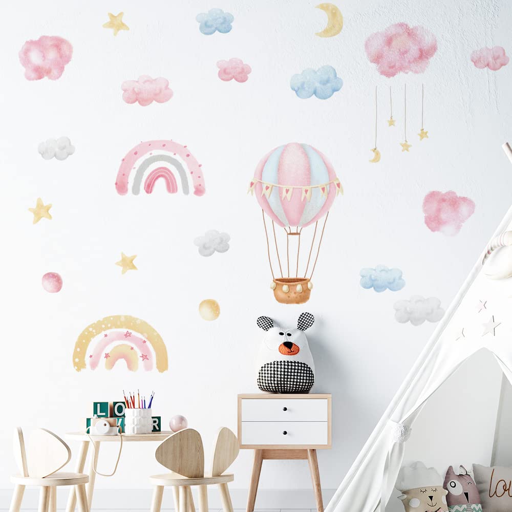 fanquare Pink Cloud Rainbow Wall Decal Watercolor Hot Air Balloon Wall Stickers Removable Vinyl Wall Decals Art Décor for Baby Bedroom Nursery Playroom