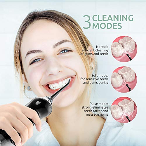 Water Flosser Cordless Dental Oral Irrigator, Cozzine 300ML Professional Portable Rechargeable Water Flossing for Trave & Home, IPX7 Waterproof 3 Modes Teeth Cleaner with 4 Jet Tips, Black