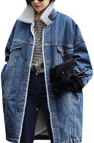 Women's Winter Cashmere Thick Lamb Lined Denim Oversize Jacket Blue XL