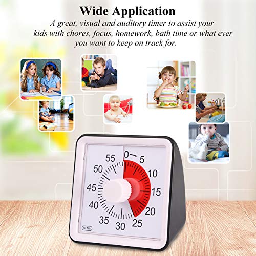 60 Minute Visual Analog Desktop Kid Timer Countdown Clock Optional Alert (3S/60S) Small/Big Sound Square for Classroom Meeting Kids Adults (Black Color)