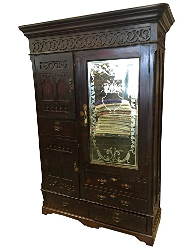 Mogul Womens British Colonial Armoires Hand Carved Teak Mirror Vintage Cabinet Rustic Indian Furniture
