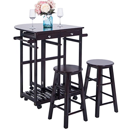 Breakfast Cart With 2 Stools,JULYFOX Drop Leaf Kitchen Island With Seating Chairs Wheels Storage Drawers Tower Rack Counter Height Tall Pub Bar Table Set 3 Piece Espresso For Small Spaces