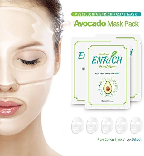 [Vescillonia] [Avocado] 5pcs Enrich Facial Mask Sheets Collagen Face Pack Rejuvenating Moisturizing + Pure Cotton Mask Sheet 25ml X 5 Sheets [S. Korea]