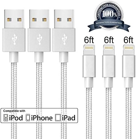 Akaho iPhone Cable,Lightning Cable 3Pack 6FT Extra Long Nylon Braided Cord to USB Charging Charger for iPhone 7/7 Plus/6S/6S Plus,SE/5S/5,iPad,iPod Nano 7 (Silver White)