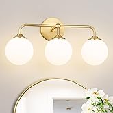 Modern Brushed Gold 3-Lights Vanity Light Fixtures with Milky White Glass Ball Shades, Mid Century Brass Wall Sconce Lighting